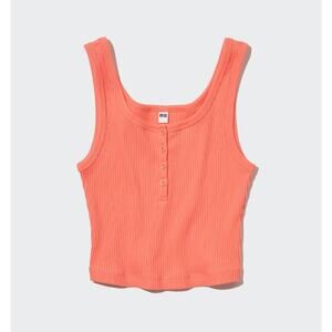 Uniqlo Ribbed Henley Neck Cropped Tank Top in Orange Coral